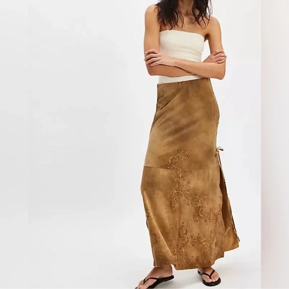 NWT! Free People Nigel Preston Hand-Painted Lambskin Suede Maxi Skirt - Large - Picture 2 of 10
